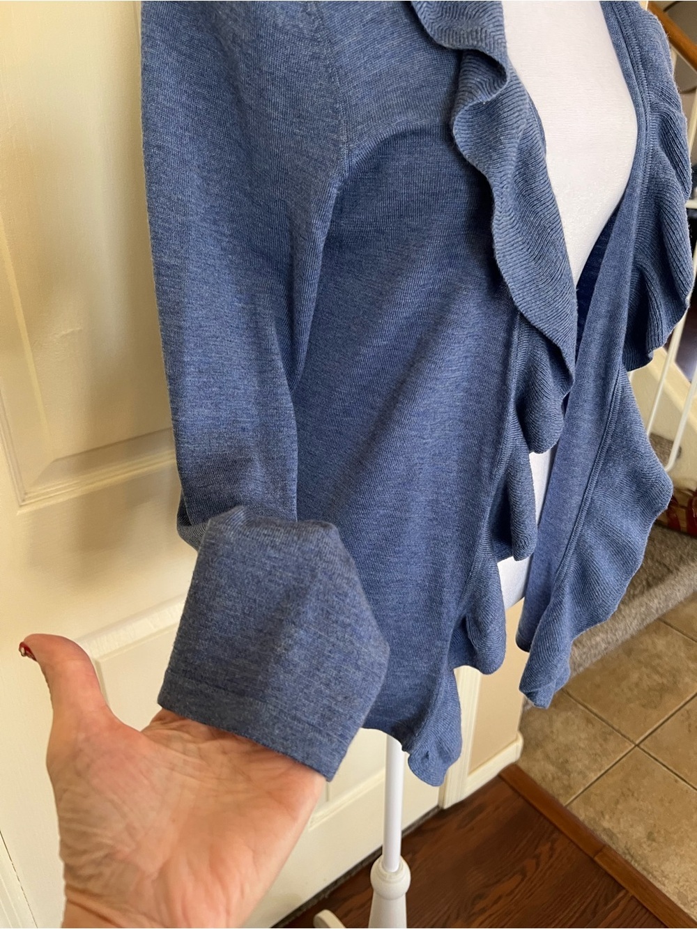 Talbots Pure Italian Merino Wool Blue Ruffle Open Front Cardigan Medium - Picture 6 of 12